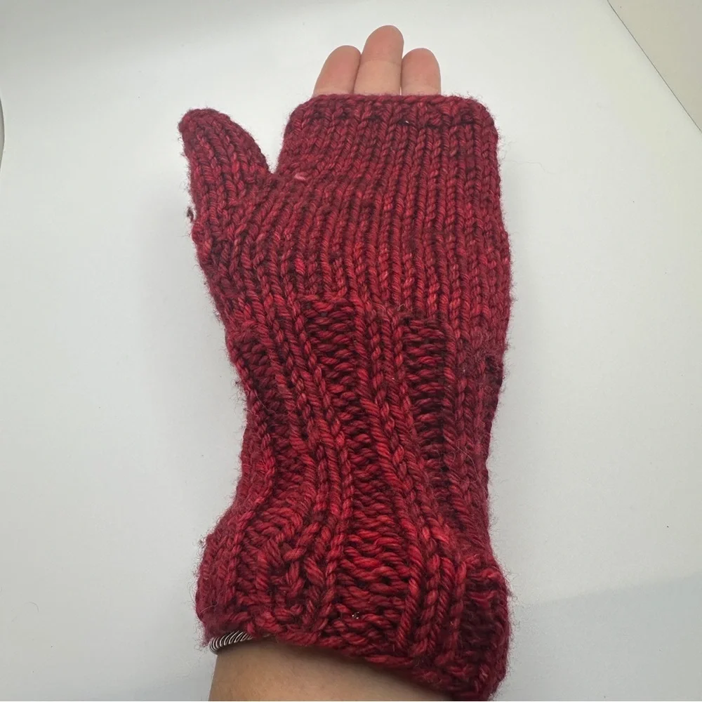 Red Knit Fingerless Gloves with Button